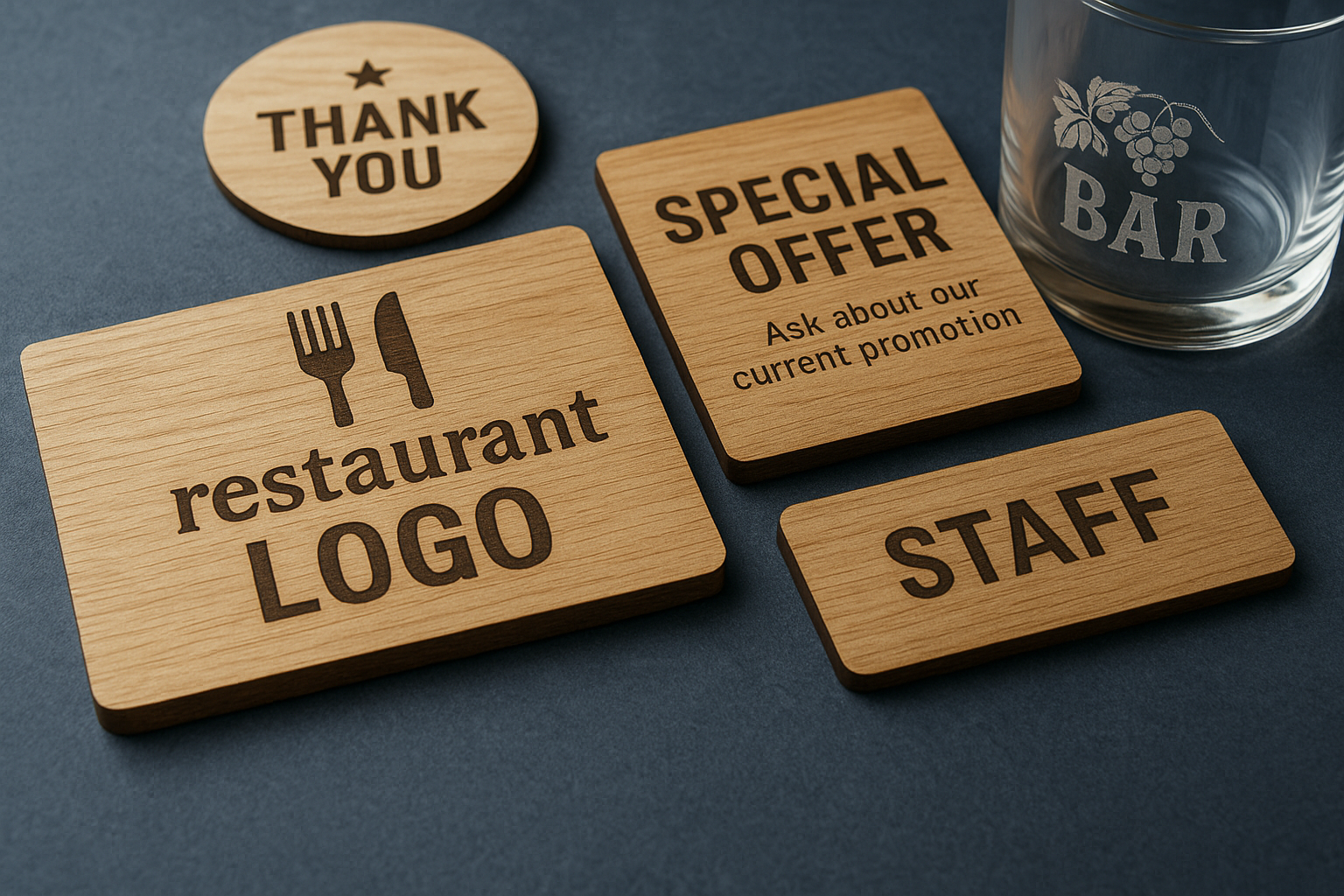 Restaurant promotional items and marketing materials laser engraved